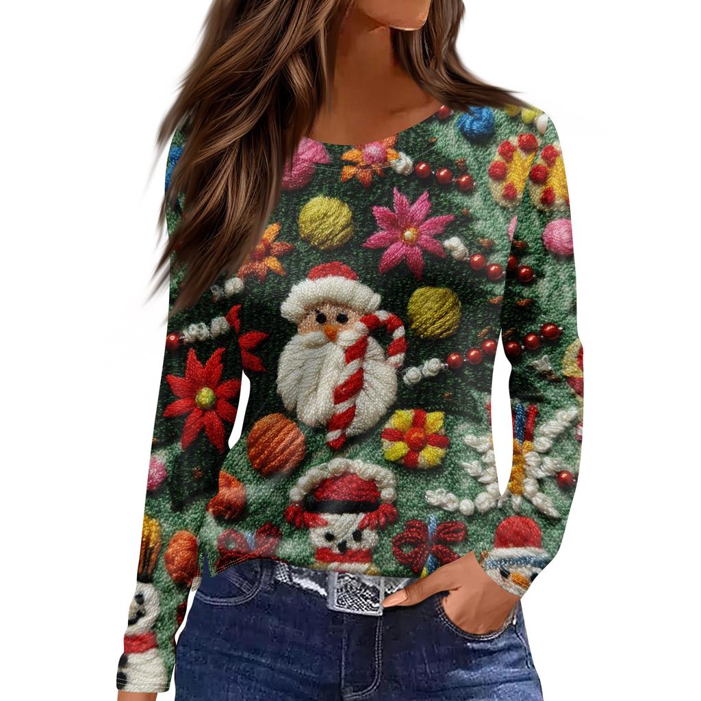 Women's Fashion Hem Slit Casual Christmas Printed Round Neck Long Sleeve Top