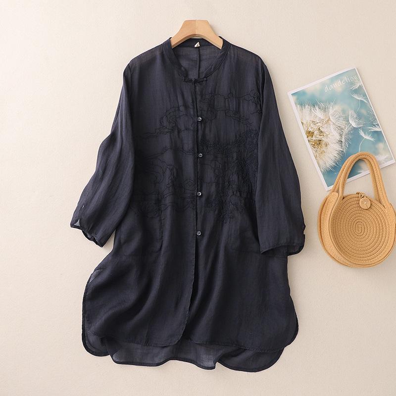 3229 Women's Cotton Linen Embroidered Oversized Sun Protection Shirt - Lightweight & Breathable, Retro Seven-Sleeve Summer Style
