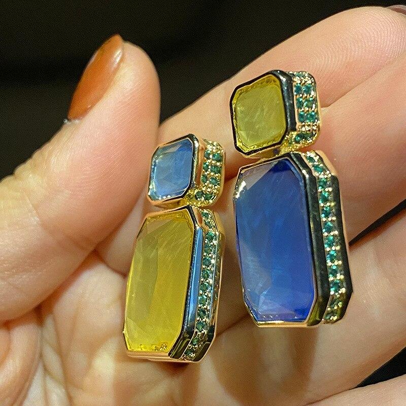 Top New Luxury Square Pendant Drop Style Olive Yellow Blue Crystal Side Inlay Zirconia S925 Silver Earrings For Women Jewelry