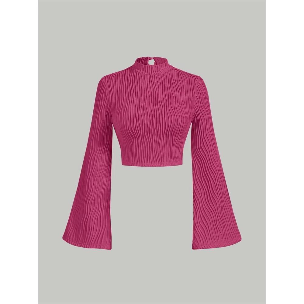 

Женская фактурная расклешенная футболка с длинными рукавами и воротником-стойкой, элегантная блузка в стиле преппи Y2K с резинкой L фуксия