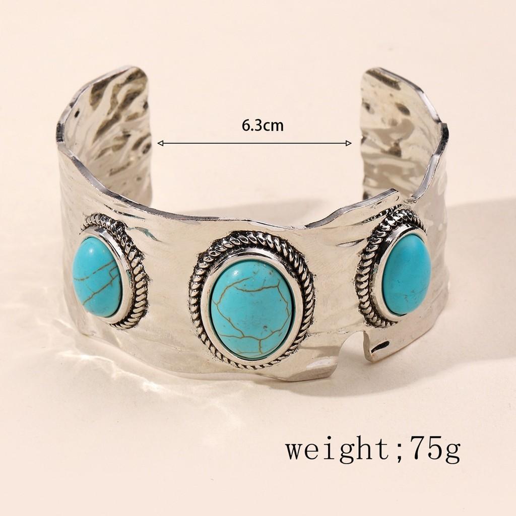 Ethnic Style Alloy Hand Jewelry With Turquoise Open Wide Bracelet For Women