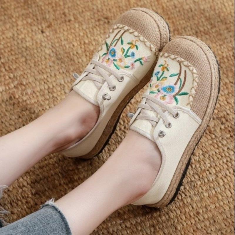 

Модные весенние новые женские рыбацкие туфли, новинка 2024 года, туфли с вышивкой в ​​этническом стиле, повседневная обувь на один шаг, Zapatos De Mujer 35 бежевый
