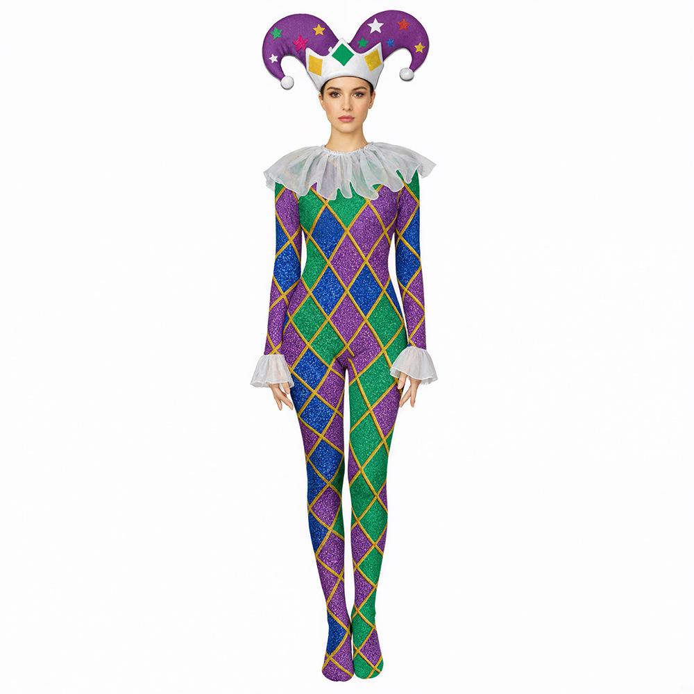 Harlekin Spaßmacher Clown Bodysuit, 3D Diamantdruck Jumpsuit, Halloween Karneval Cosplay Party Kostüm für Damen