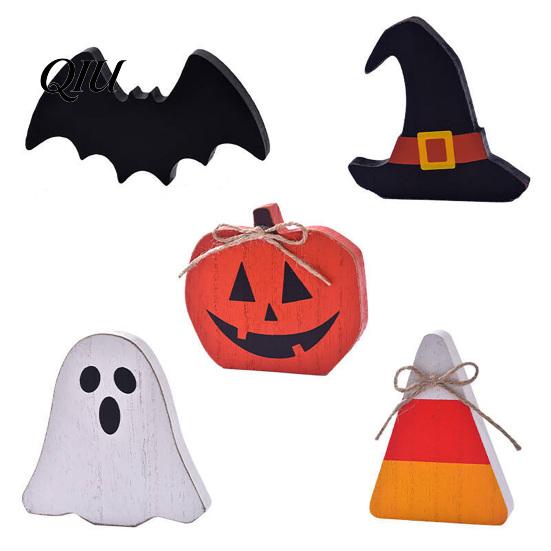 Holiday Gift for Home Halloween Table Sign, Wooden Pumpkin Ghost Bat Block Rustic Fall Harvest Settings Tiered Tray Ornament Tabletop Office