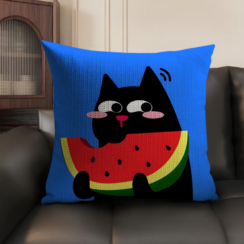 Cute Cat Cushion Cover Summer Breathable Linen Organic Fabric Double-Sided Printing Sofa Pillow Case Home Decor