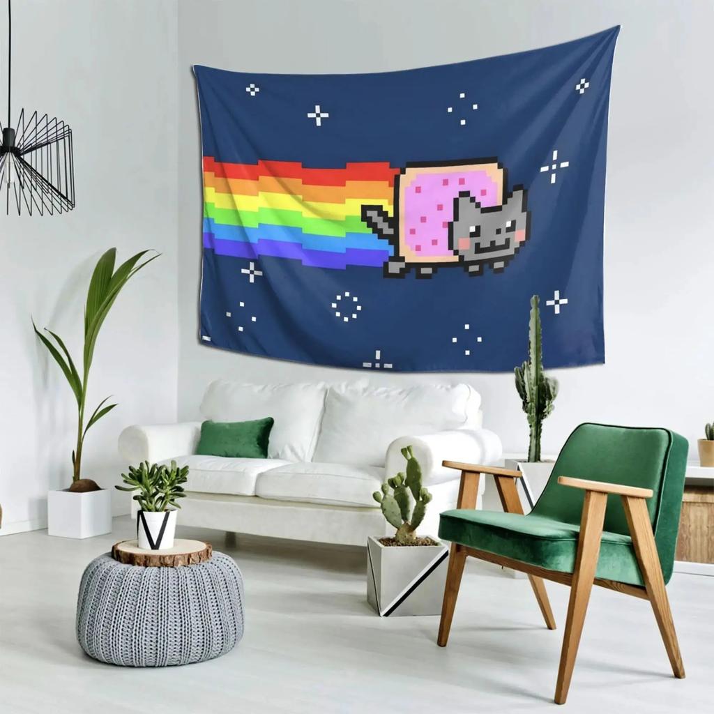 Pixel Art Katze Wandteppich, Niedliches Kätzchen Kawaii Wandkunst Dekoration für Schlafzimmer Wohnheim Spielzimmer Heim-Hintergrundtuch