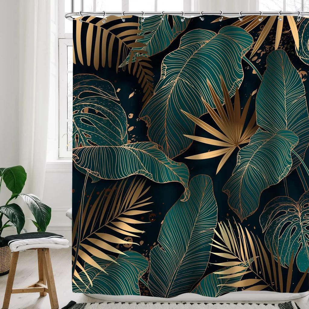 Green Hawaii Tropical Shower Curtain Green Gold Tropical Leaves Plant Fabric Bathroom Curtain Botanical Jungle Bath Curtain Set