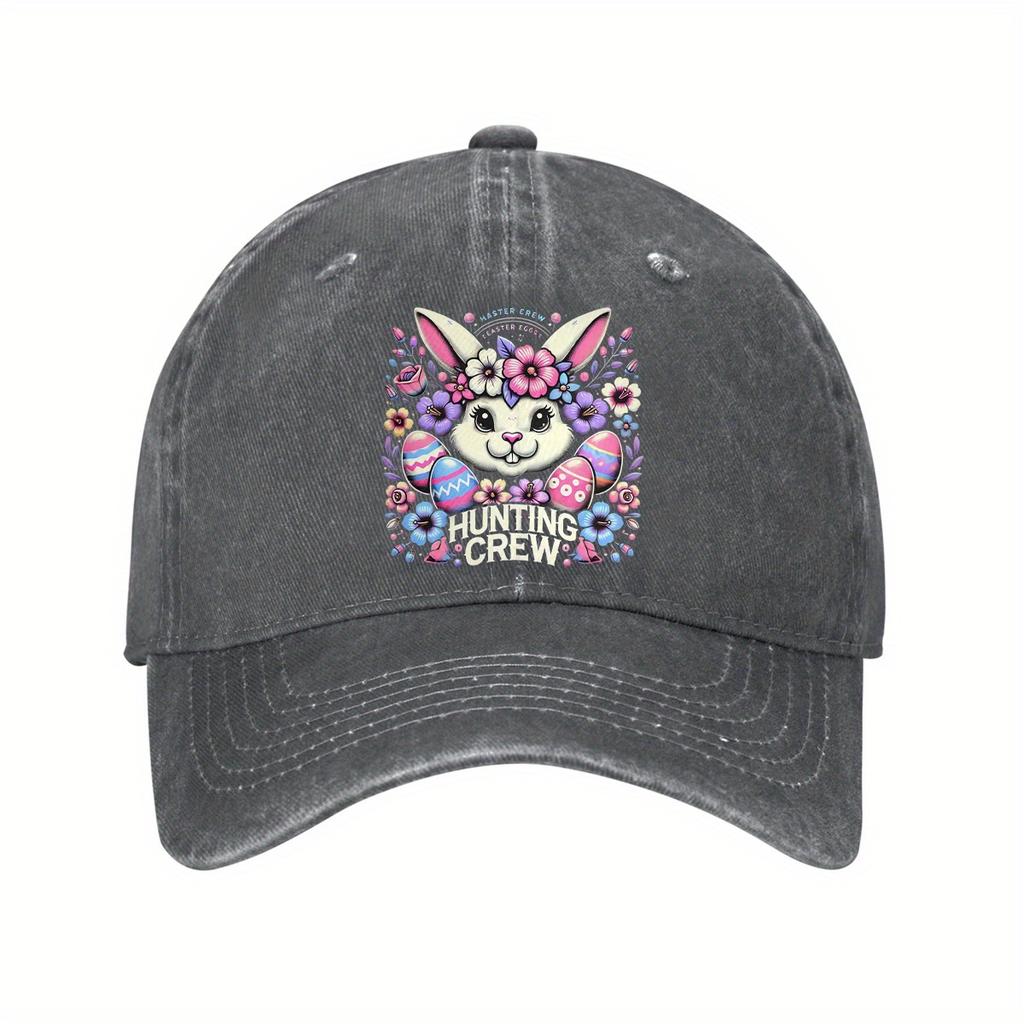 Easter Bunny Hunting Crew Washed Denim Baseball Cap Floral Adult Adjustable Casual Outdoor Hat