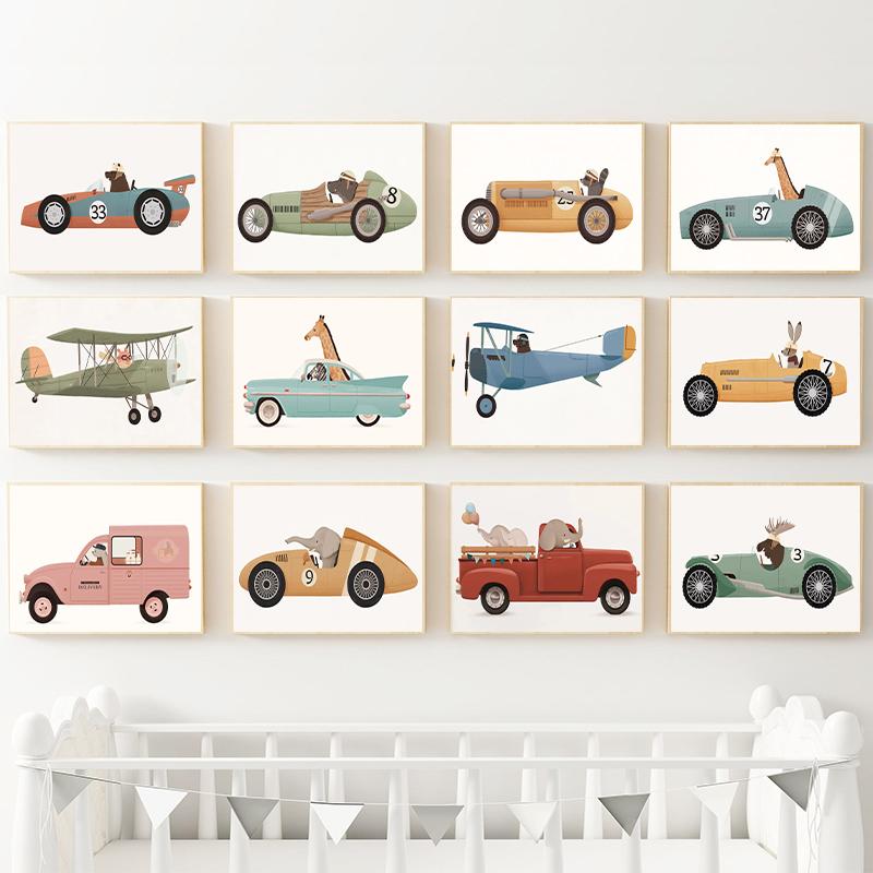 Animals On Cars Cartoon Posters Elephant Giraffe Raccoon Canvas Printing Wall Art Picture for Nursery Living Room Home Deco Gift