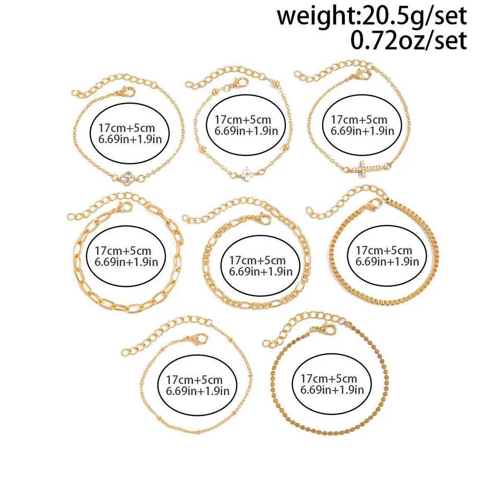 Salircon 8 Pcs/Set Luxury Gold Color Inlaid Rhinestones Link Chain Bracelet for Women Bohemian Cross Bangle Daily Charm Jewelry