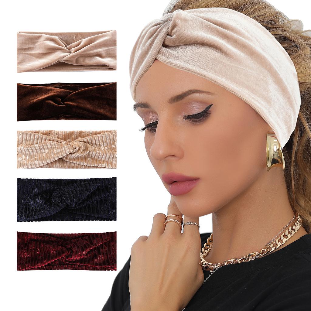 Women's European-American Style Velve Sports Yoga Headband Elastic Knot Wide-brimmed Design Hand-painted Retro Pattern for