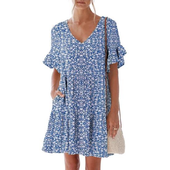Women Summer Floral Midi Dress Casual V-Neck Ruffle Short Sleeve Flowy Dress Boho Beach