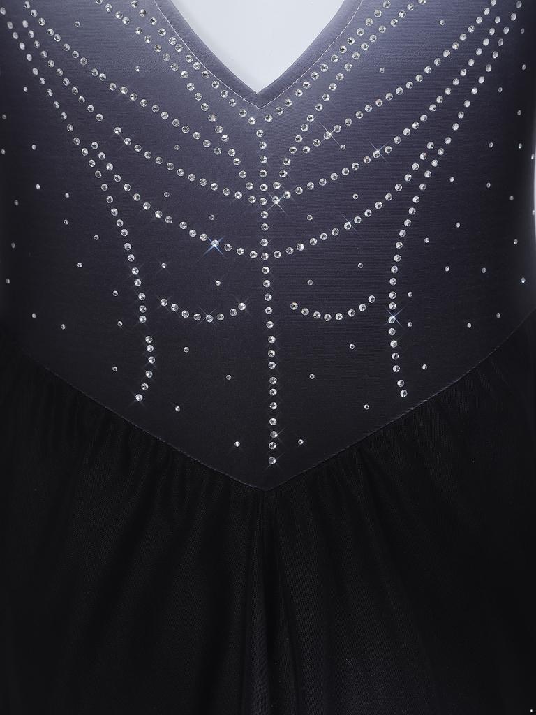 Mädchen Eiskunstlauf Gymnastik Bodysuit Farbverlauf Strass Ärmellos Keyhole am Rücken Unregelmäßiger Saum Knopfleiste im Schritt Leotard Kleid