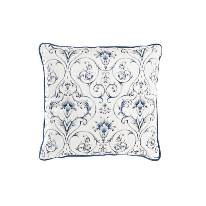 Coussin - 45 X 10 X 45 Cm - Bleu Avec Fleurs Blanches - Style Néoclassique - Intérieur