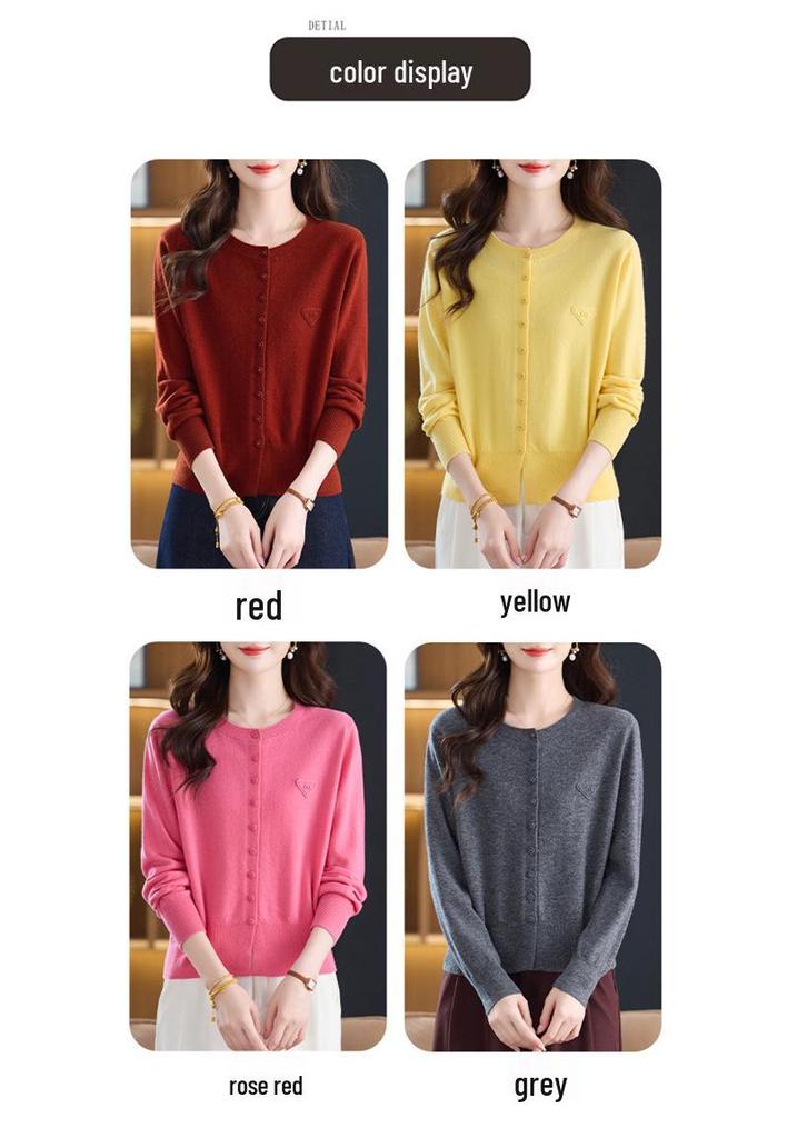 Women's Solid Color Wool Jacquard Long Sleeve Cardigan Sweater
