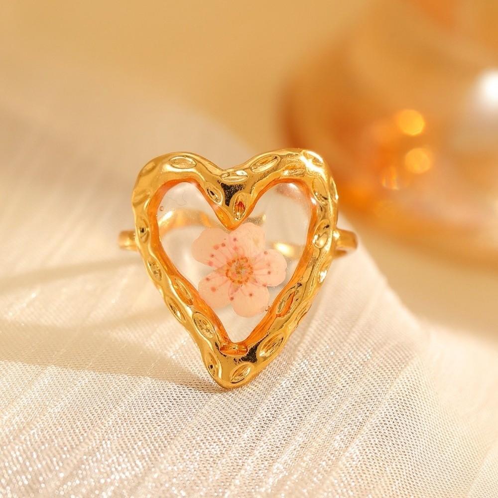 Trend Stainless Steel Geometric Ring Heart Shaped Inlaid Flower Flower Ring Oval Shape Open Ring Jewelry Gift