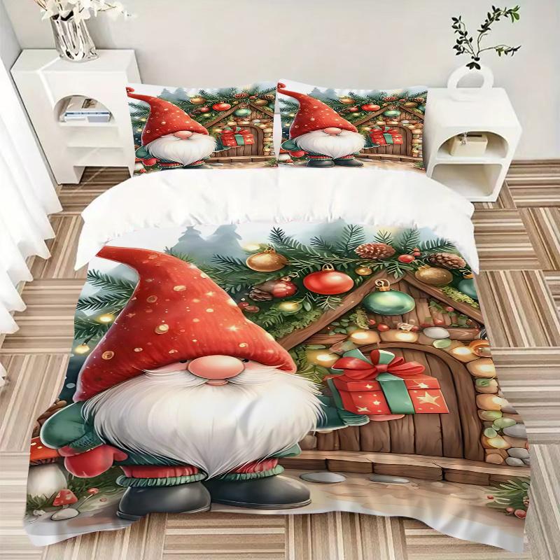 3pcs Christmas Gnome Bedding Set, Includes One Quilt Cover and Two Pillowcases (No Core), Anime Cartoon Design