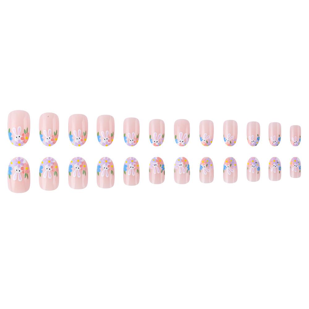 Easter Round Head Cute Rabbit & Flower Nail Art Set - 24 Detachable Glossy False Nails