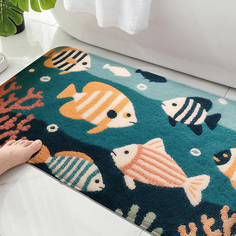 Wave Seahorse Pattern Bathroom Door Mat, Water Absorbent Small Carpet, Toilet Seat Mat, Decorative Floor Mat, Machine Washable