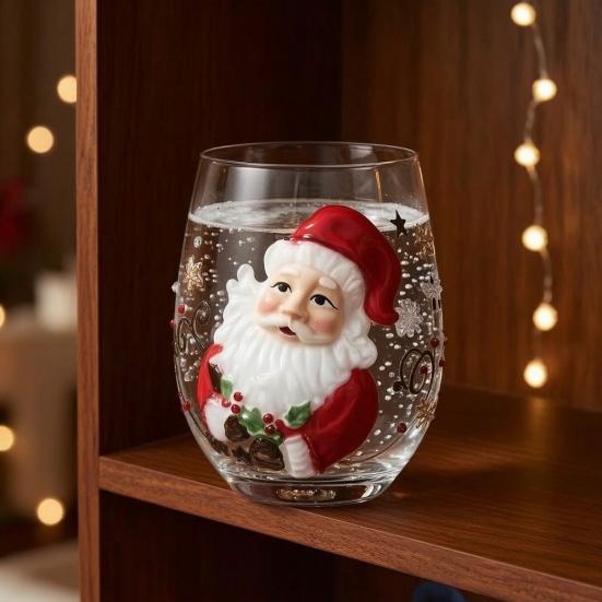 Weihnachtsgeschenk für Freunde Stielloses Glas, Santa Claus Dekoratives Trinkglas, Niedliche Wintergetränke Tasse Transparenter Wasserbecher Saisonal