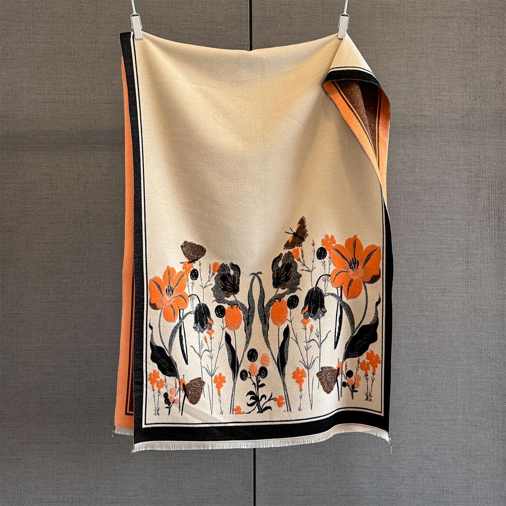 Autumn new retro flower contrasting color scarf women's atmosphere thickened warm shawl medium and long versatile scarf