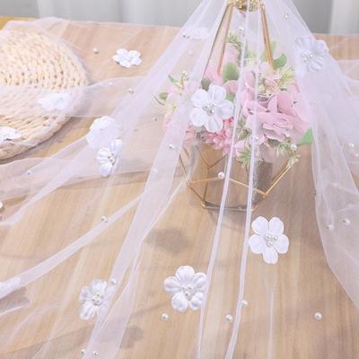 Elegant Flower Pearl Tablecloth Romantic Semi-Transparent Tulle Fabric Tablecloth Pearl Embellishments Decorative