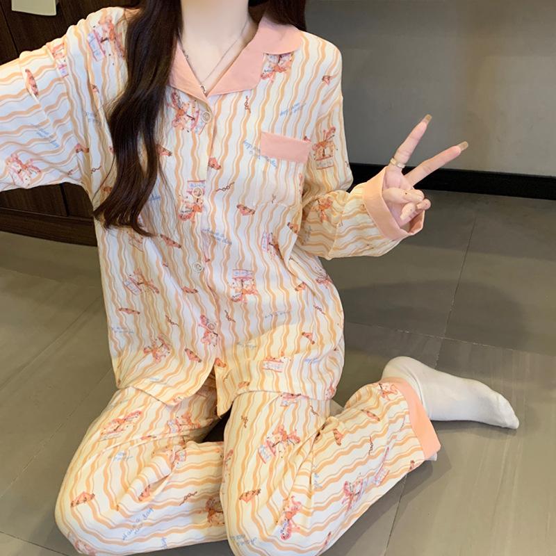 

Striped Cotton Pajama Set: Long Sleeve, Color Block, Turn-Down Collar for Autumn/Spring L (for 50-57.5 kg)