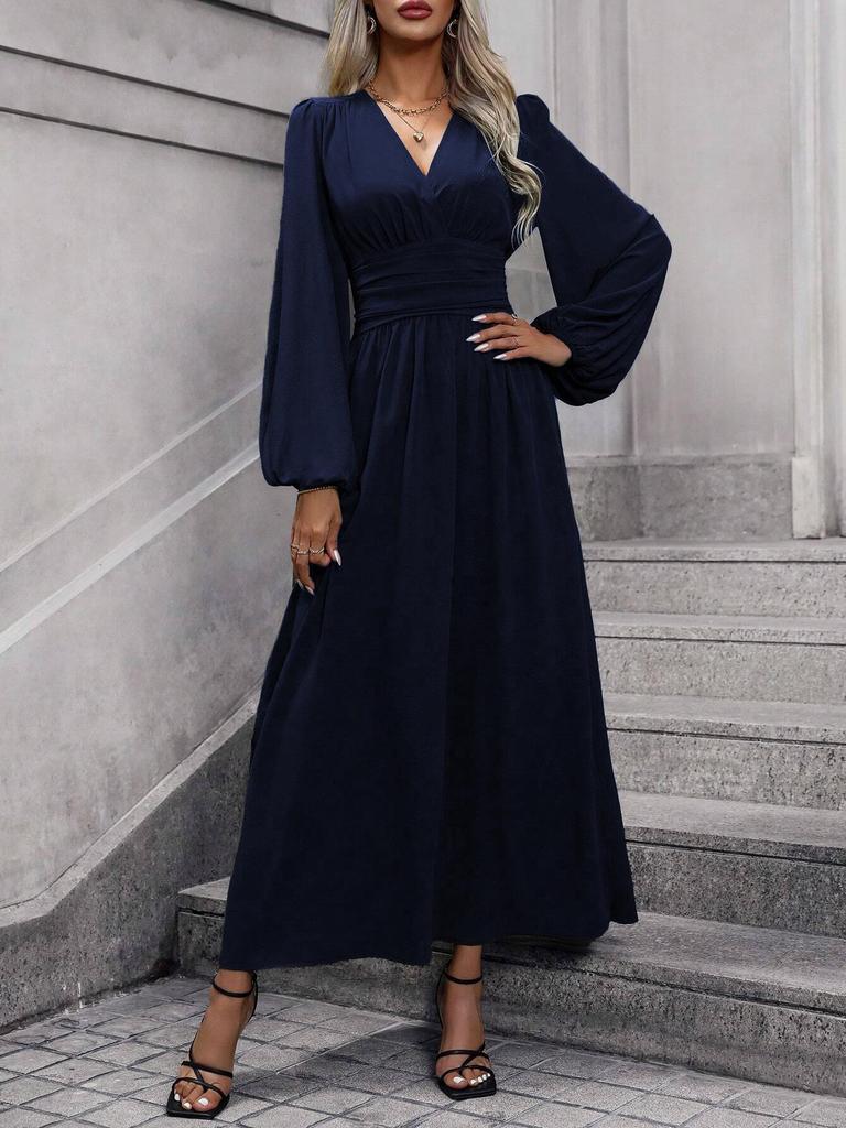 Abito da Donna Autunno/Inverno con Maniche a Lanterna e Spacco Alto in Nero, Blu Navy, Rosso Vino, Verde Militare e Stampa Leopardo