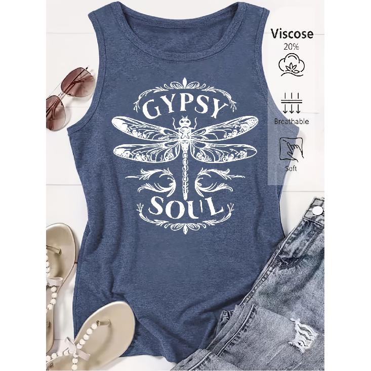 Gypsy Soul Dragonfly Print Loose Summer Women Elegant Vest S сапфир синий