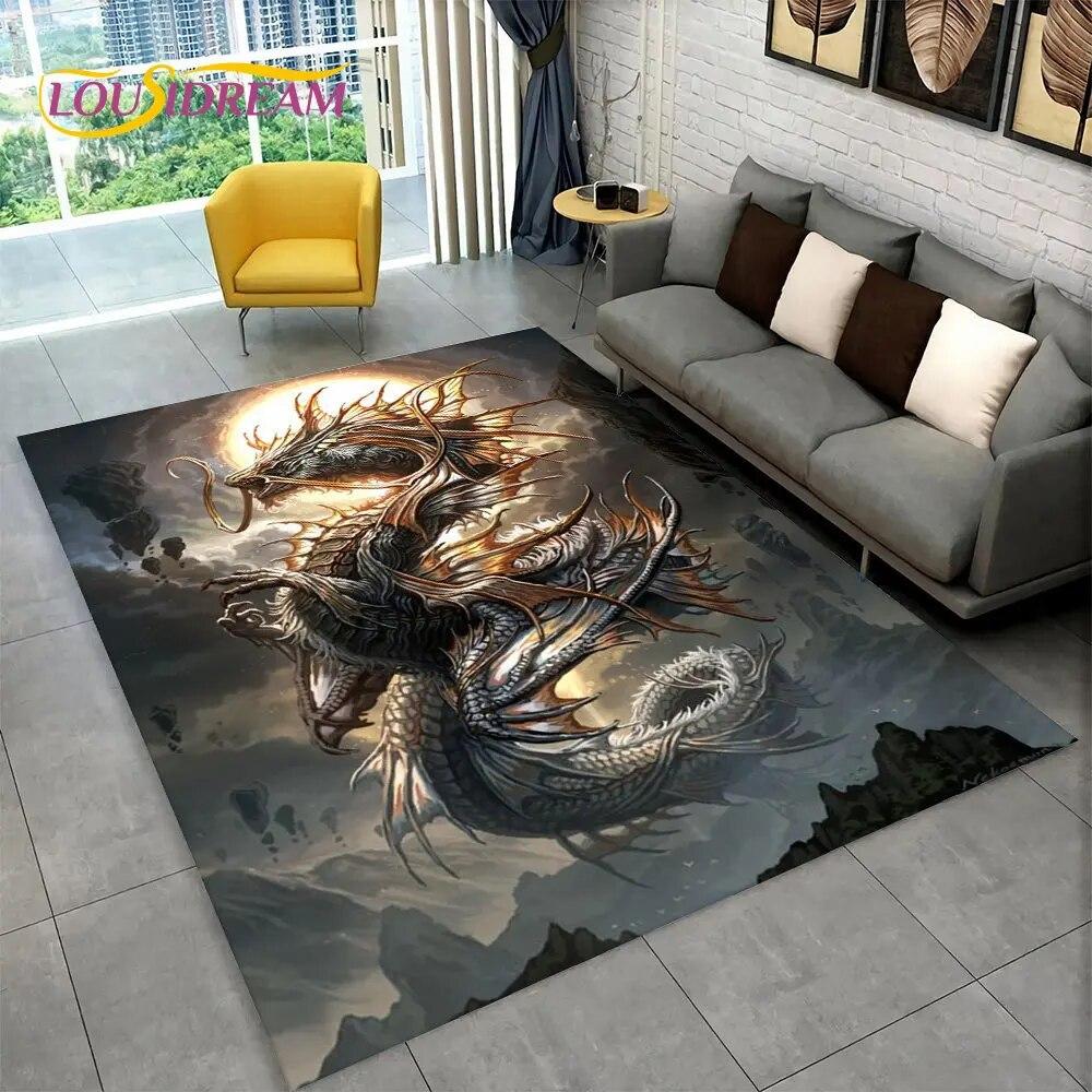 Kreslený Vzor Draka Velký Oblastní Koberec, Koberec pro Obývací Pokoj Ložnici Pohovku Rohožka Kuchyňská Dekorace, Dětská Hrací Protiskluzová Podlahová Podložka