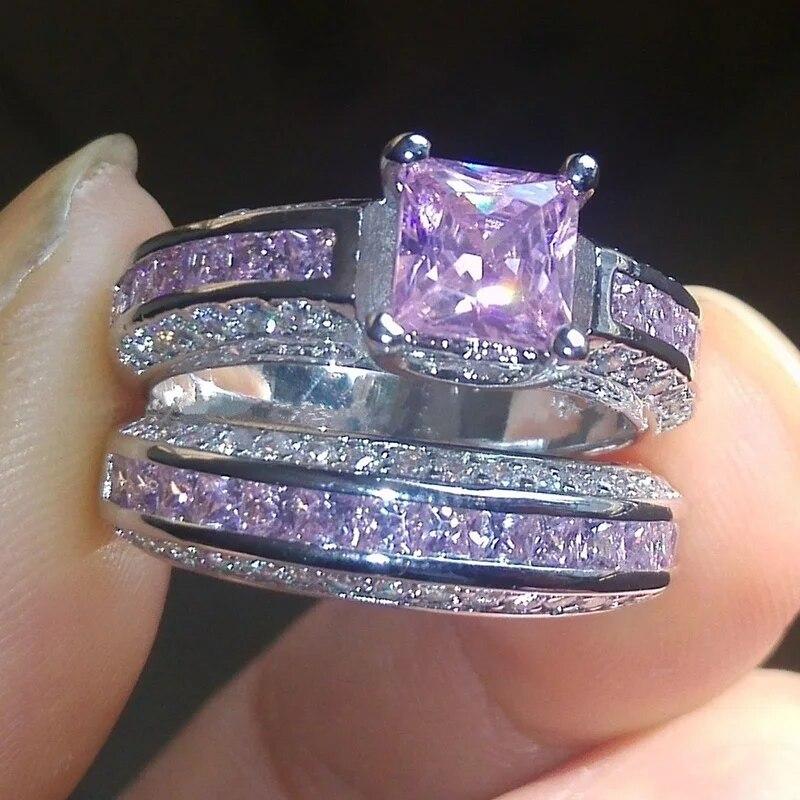 FDLK 2 stk Brudesett Elegante ringer for kvinner Bryllupsforlovelse Mote smykker med full skinnende kubikksirkon kvinnering