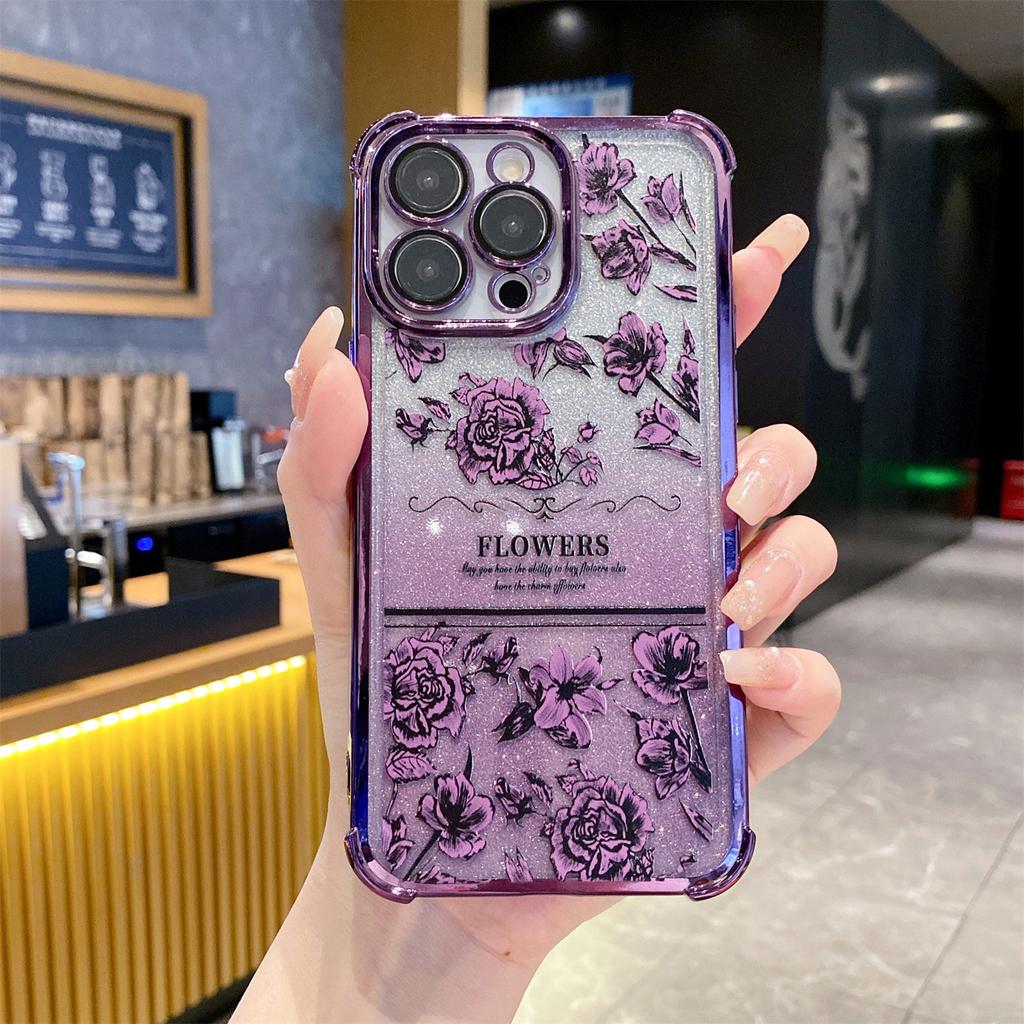Applicable to Samsung S26 glitter electroplating mobile phone case S25FE retro flower A37 four corners anti-drop A57 lens film soft