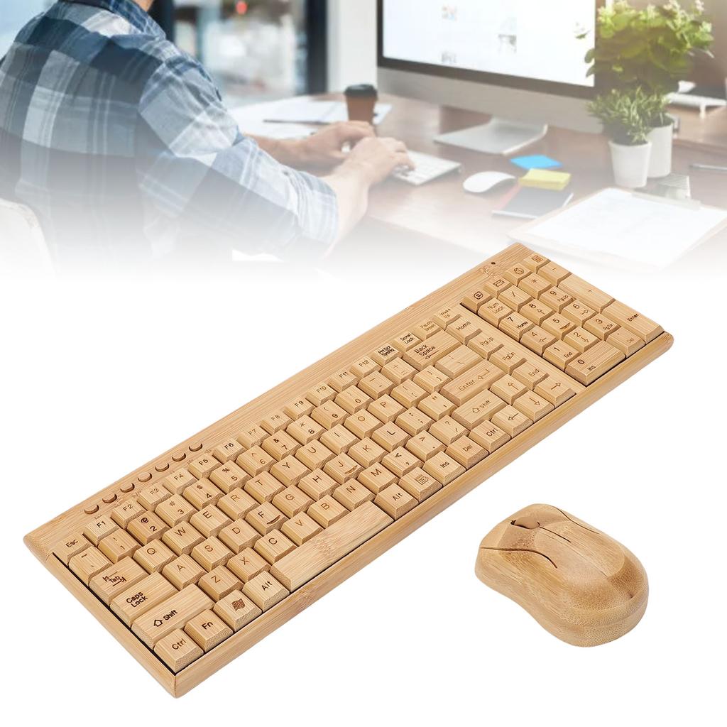 2.4G Wireless Keyboard Mouse Set Handcrafted Full Bamboo Keyboard and Mouse Combo with USB Receiver
