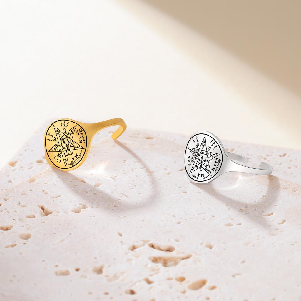 Pentagramm Schutz Talisman Amulett Ring Edelstahl Tetragrammaton Offene Ringe Spirituelles Siegel Schmuck Geschenk für Frauen