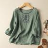 T-shirt Estiva Larga in Cotone Taglie Forti Manica Sette-Cinque Donna Etnica Casual Ricamata Top Retro