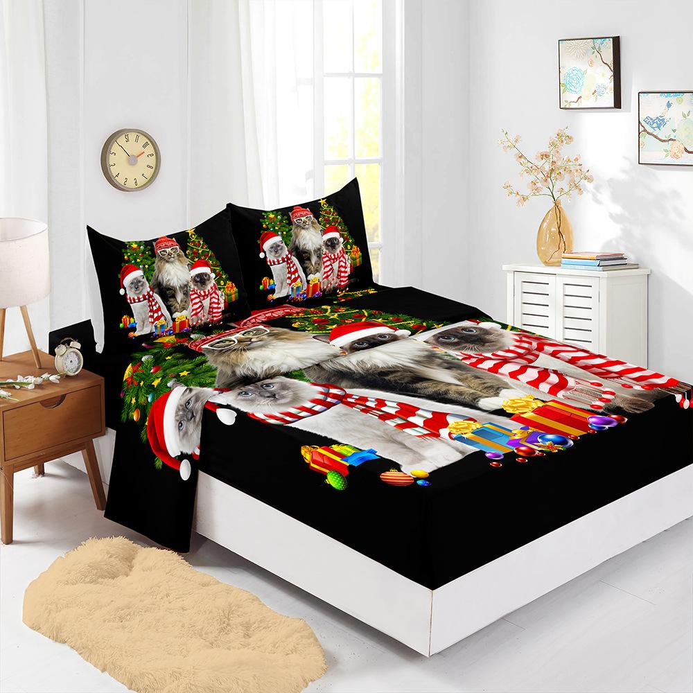 Four-Piece Mattress Set Christmas Bedding 3D Digital Printing Kit Mattress Protective Cover