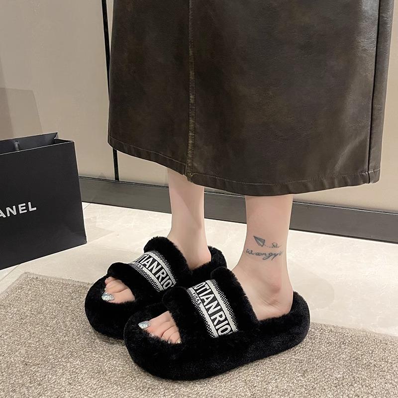 Mao Mao Slippers Women Wear Internet Celebrities Popular Autumn and Winter Rabbit Mao Mao Shoes Platform Cotton Drag Small Fragrant Slippers Spr