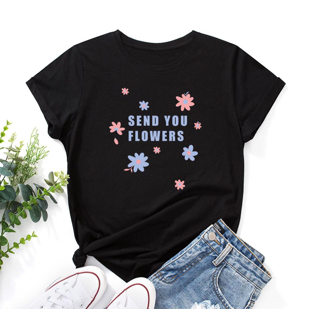 Send You Flowers Cotton T-Shirt Short Sleeve Round Neck Women 2d Print Tops