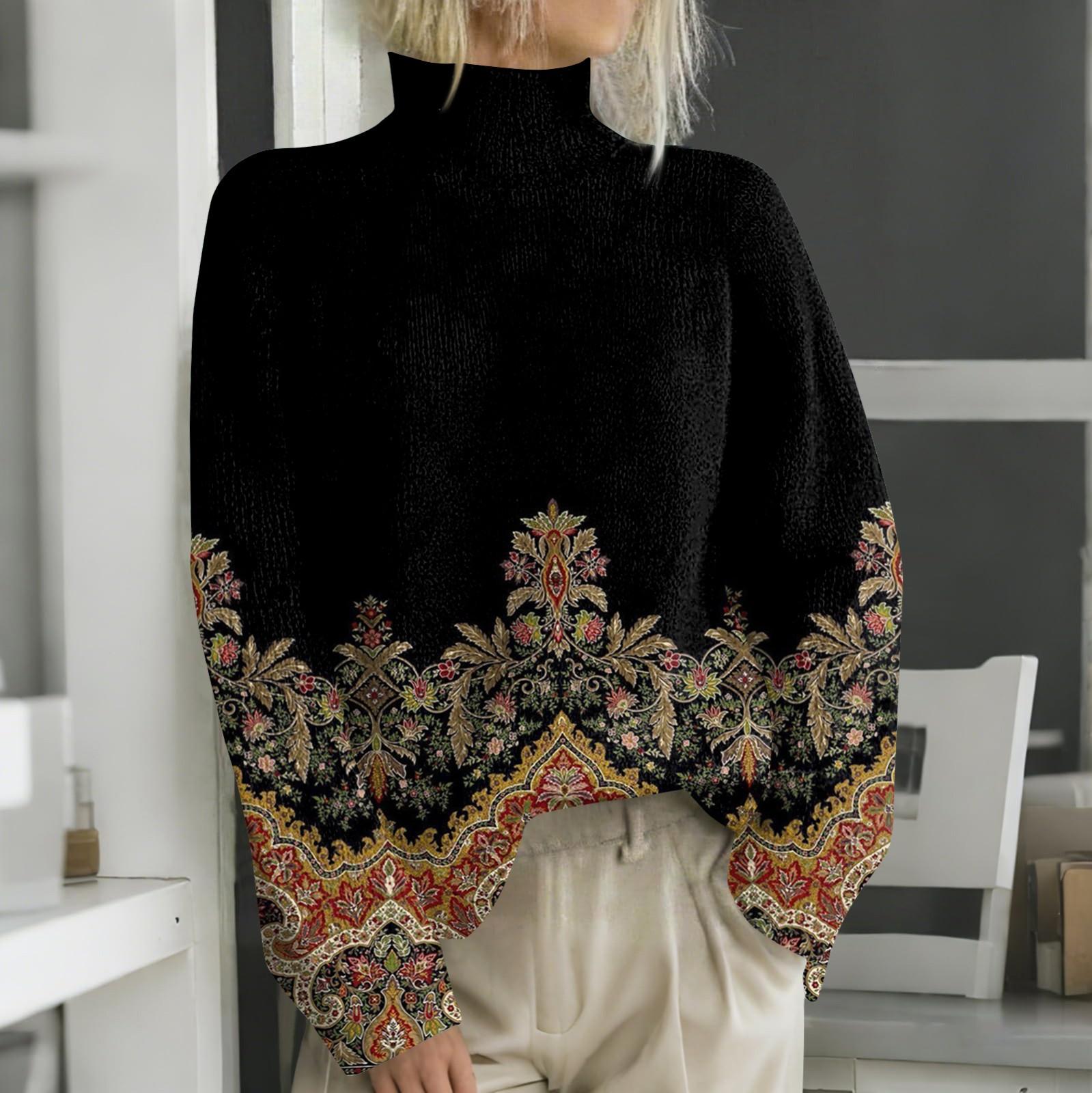 Женская мода повседневная с длинным рукавом и принтом, с высоким воротом, шерстяной трикотаж XXL