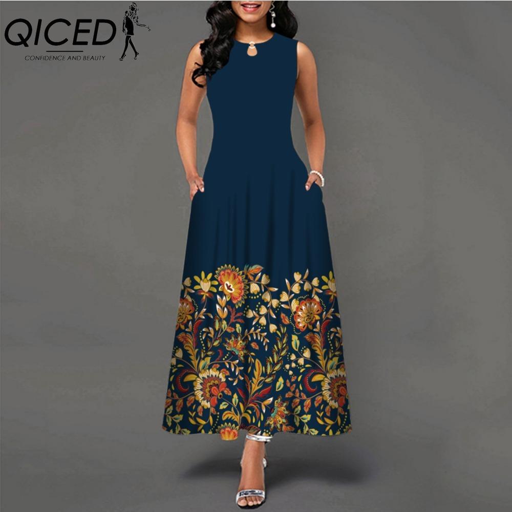 QICED 48 barev Nové dámské volné vintage květinové volánové šaty Befree šaty Velká letní párty Tílka Elegantní maxi šaty