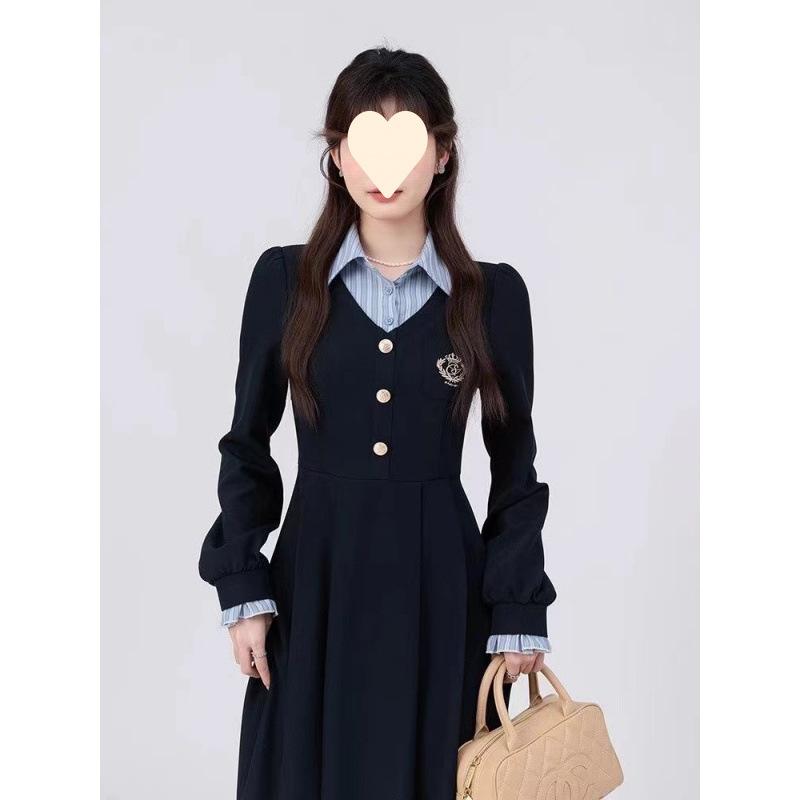 College style splicing fake two-piece dress for women's spring and autumn new high-end waist and thin exquisite long skirt