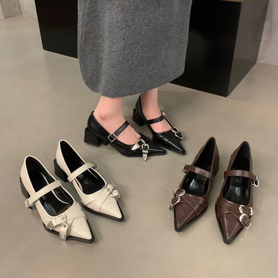 Thick heel retro black pointed single shoes women's shoes 2025 new autumn and winter French Mary Jane evening small leather shoes