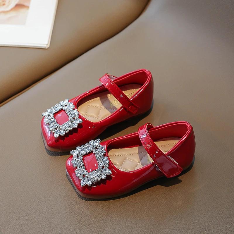 Girls Leather Shoes Chic Korean Style Rhinestones Buckle Little Big Kids Princess Mary Jane Children Fashion Dress Flats Sweet