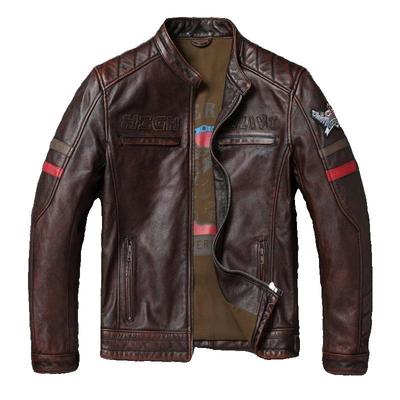 Chinese Size Vintage By Stones Red-Brown Men Leather Jacket First Layer Cowhide Genuine Leather Motorcycle Biker Jackets Men's Clothing