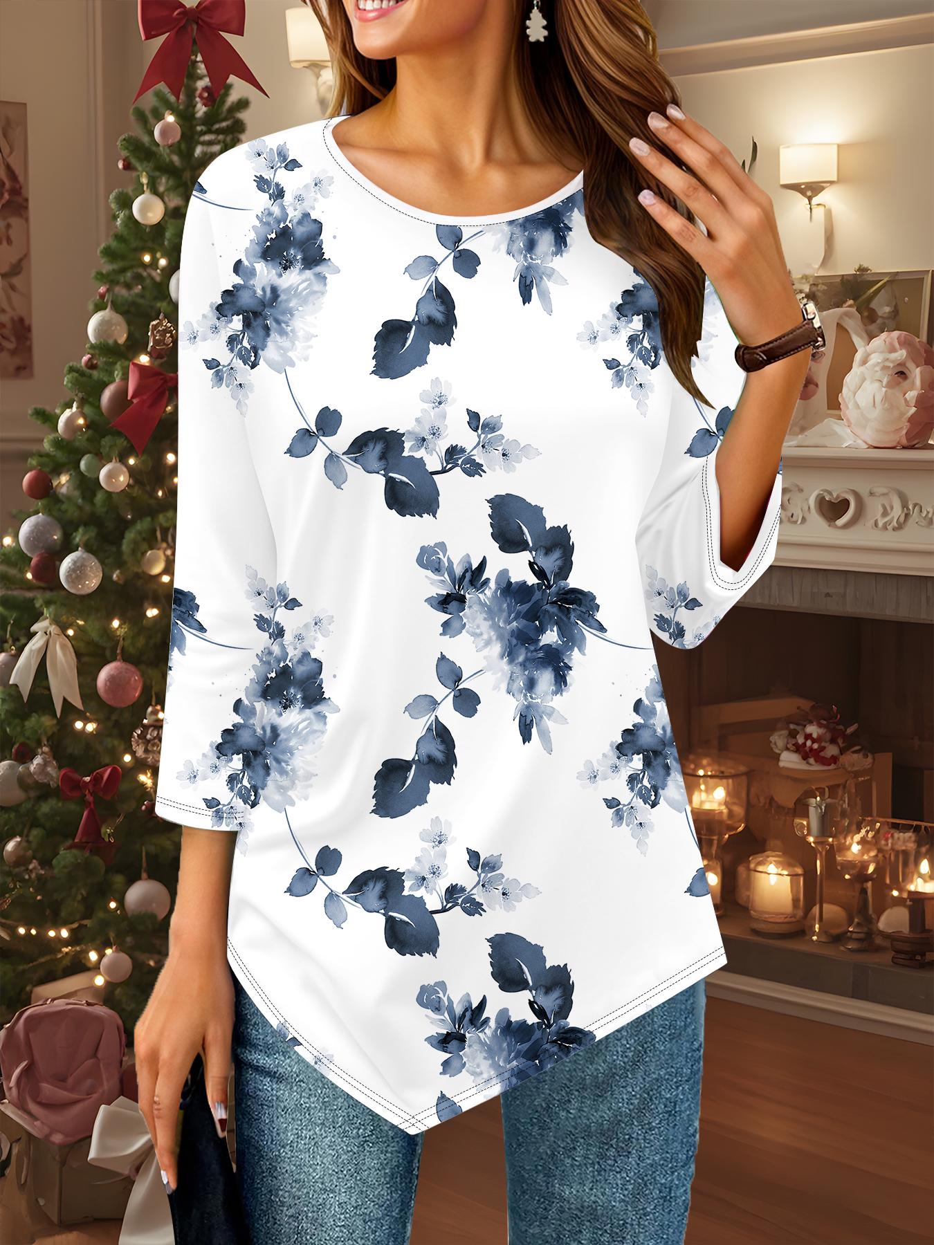 

Женская свободная футболка с круглым вырезом и рукавом три четверти, 3D цветочный узор 8XL темно-синий