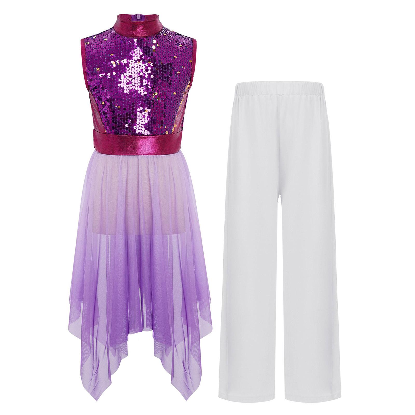 

Girls Mock Neck Sleeveless Shiny Sequins Bodice Tunic Wide Leg Pants Dance Set 11-12 Years фіолетовий