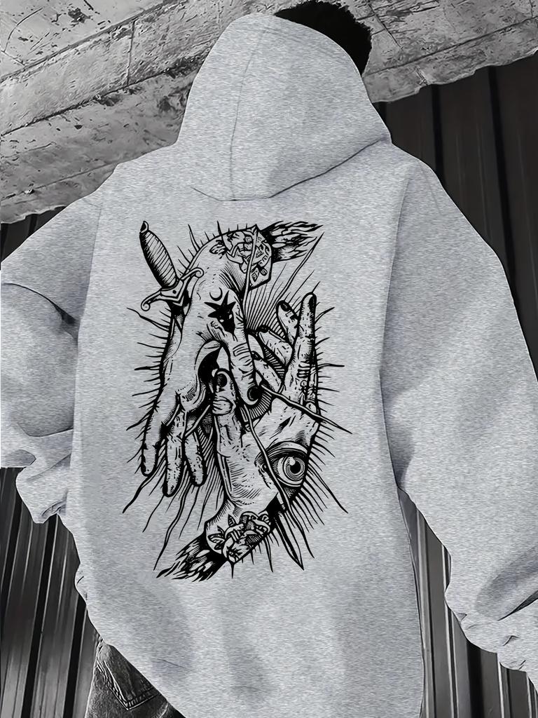 Vintage black line sketch weird hand totem artwork printed men hip hop sports hoodie casual drop shoulder long sleeve hooded top