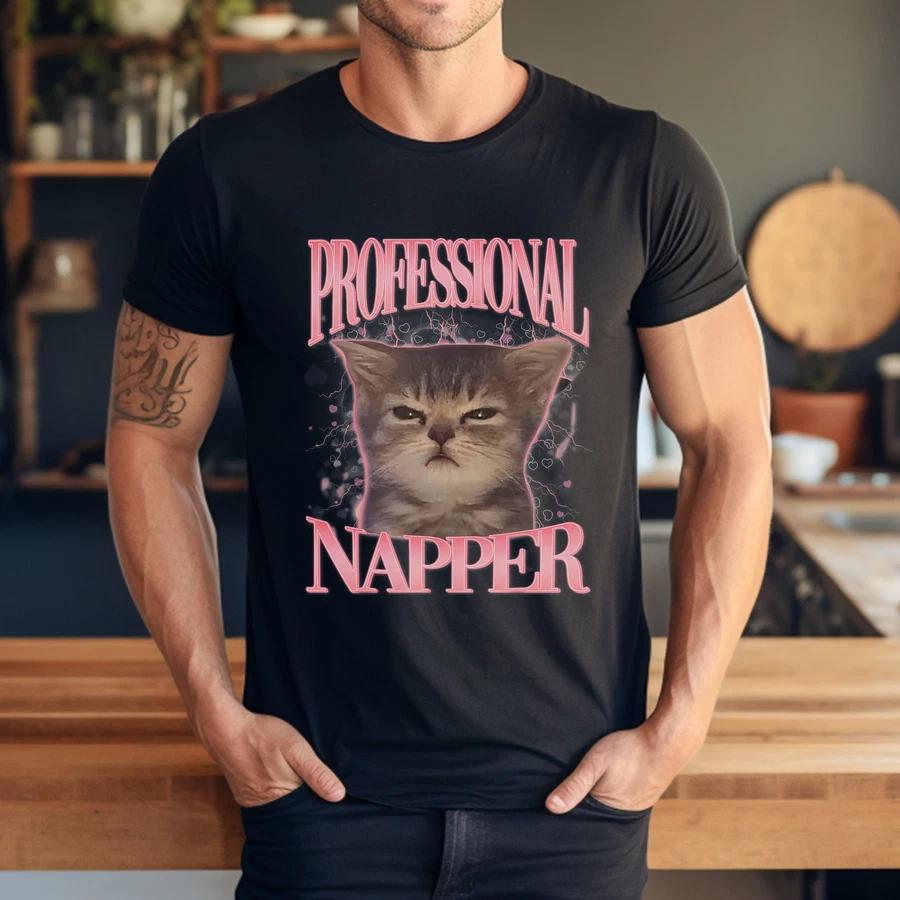 Профессиональный Сонный Кот Милый Кот Мем Юмор Сонные Коты Смешная Футболка XL