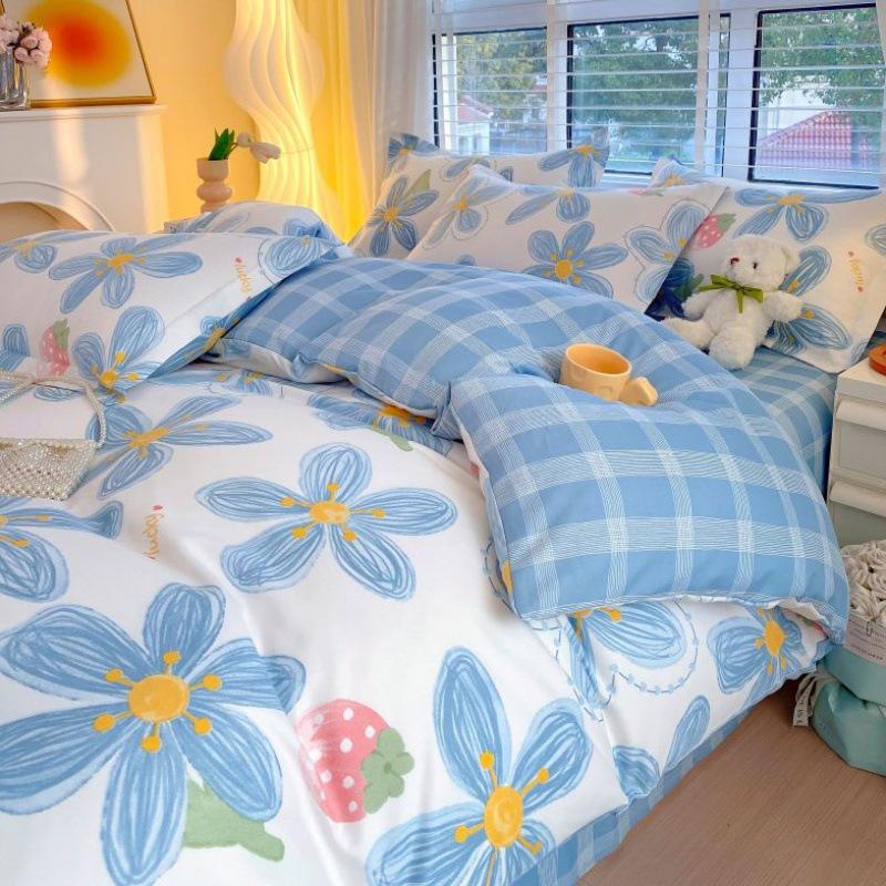 Thickened Pure Abraded Four-piece Set, Single Double Skin-friendly Twill Bed Sheet, Quilt Cover, Dormitory Three-piece Set, Bedding