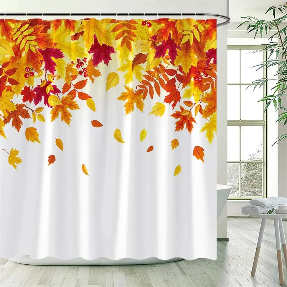 Fall Maple Leaves Shower Curtains Rustic Farm Truck Sunflower Pumpkin Squirrel Autumn Thanksgiving Bathroom Decor Set With Hooks